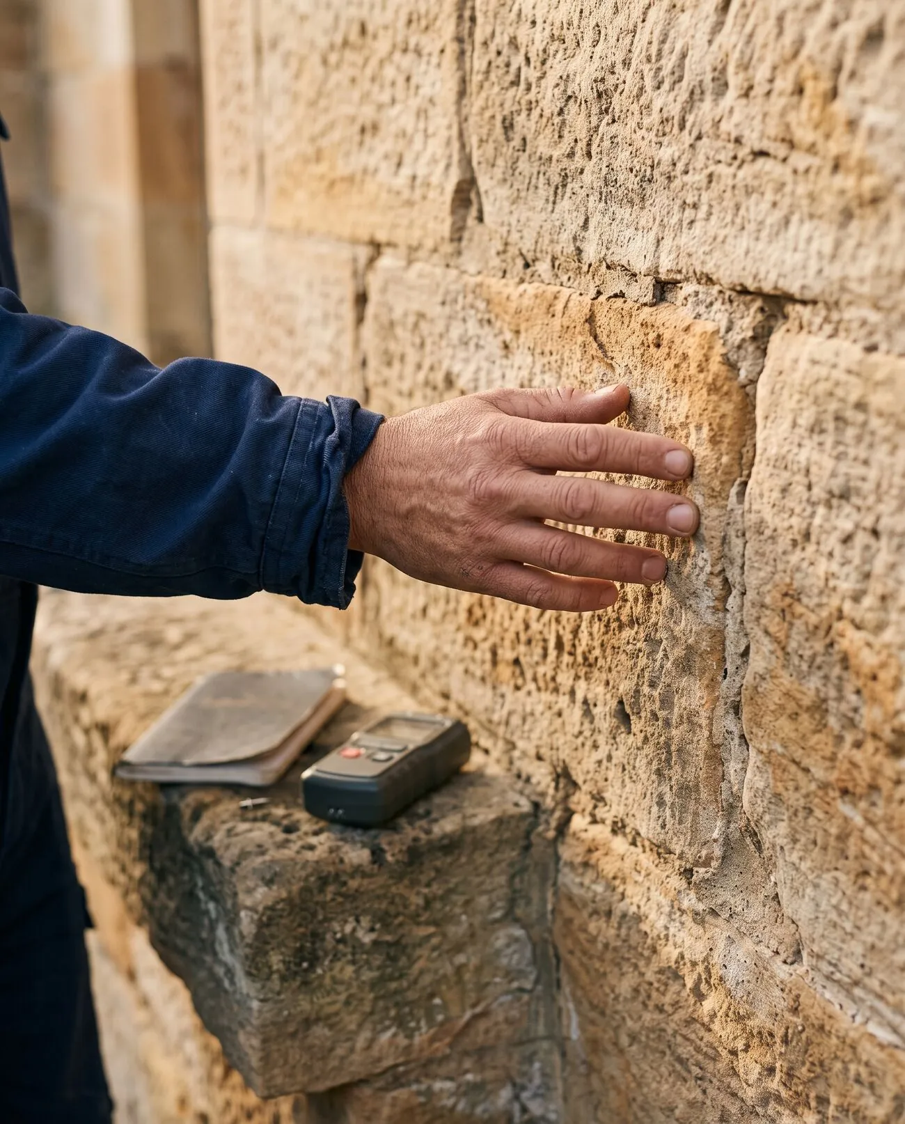 Hands assessing the texture of a sandstone wall before cleaning