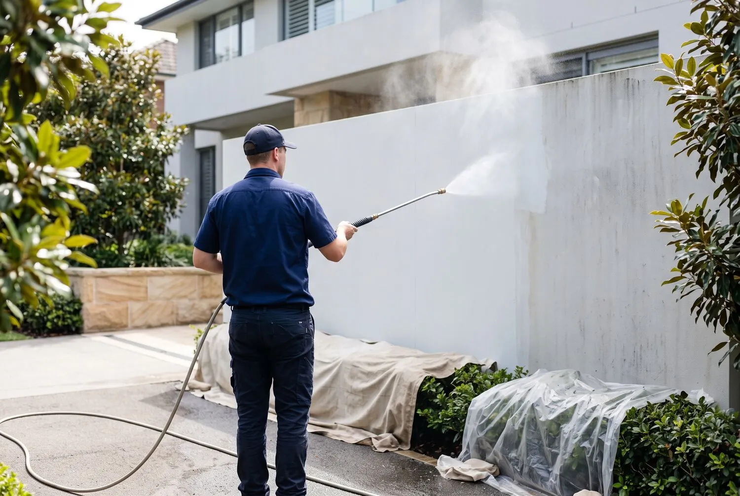 Soft washing the rendered wall of an Eastern Suburbs home