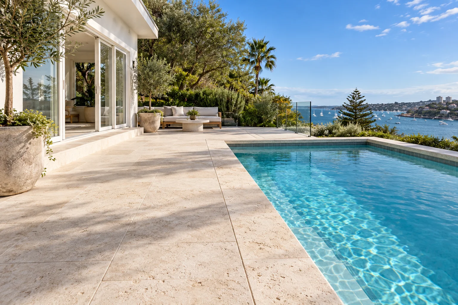 Freshly cleaned limestone courtyard with harbour views