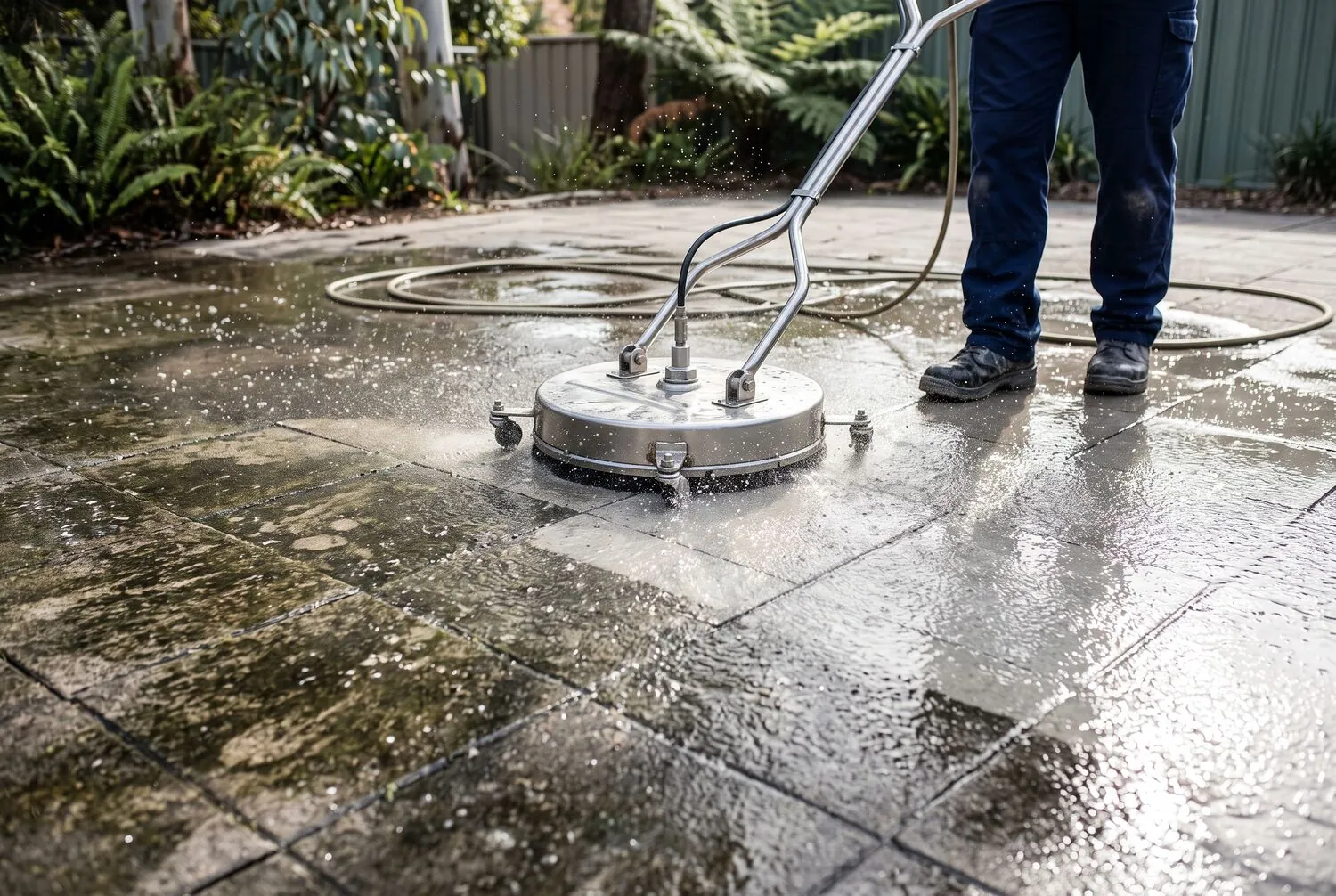 Surface cleaner leaving a clean stripe across concrete pavers
