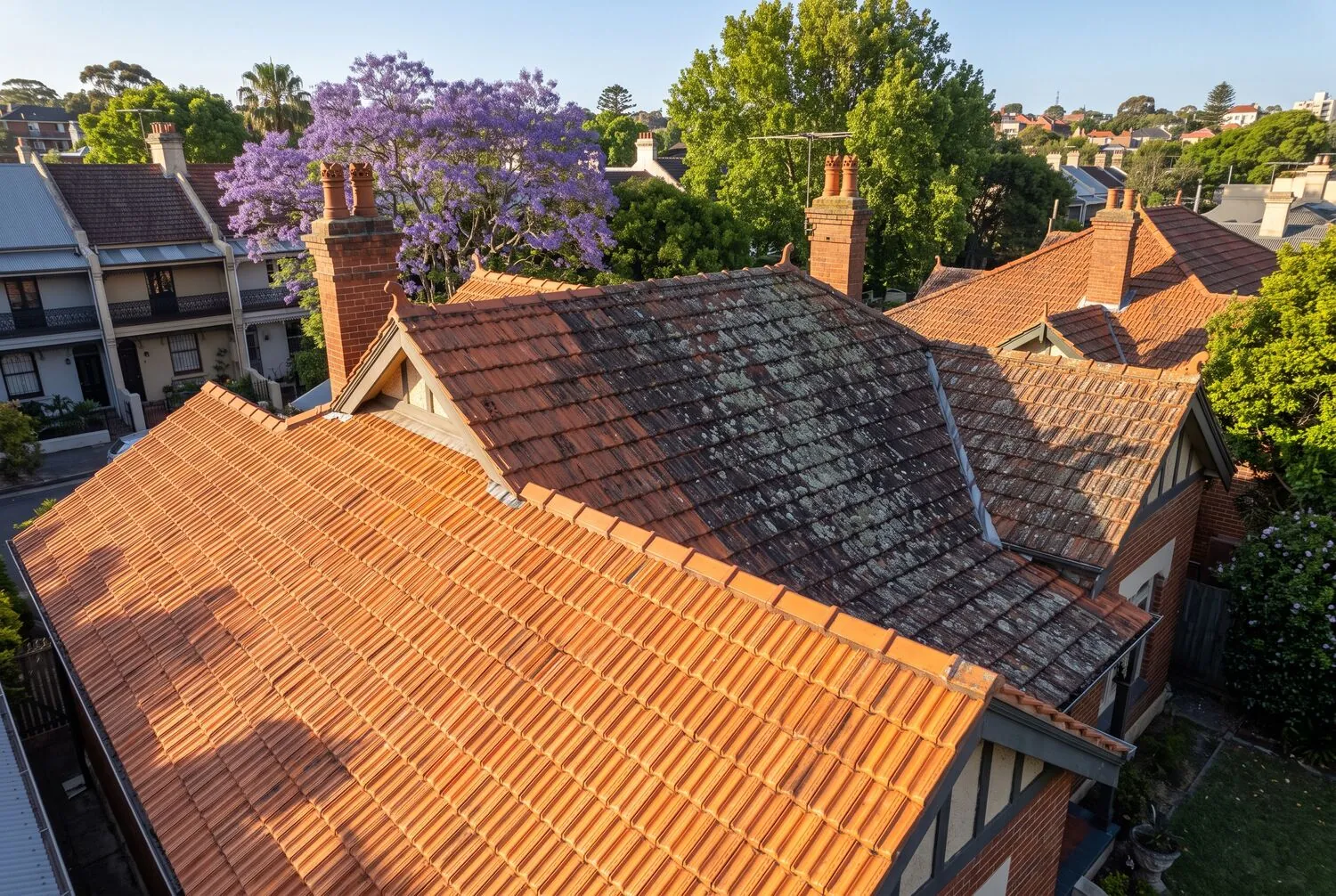 Terracotta roof tiles after a gentle roof clean