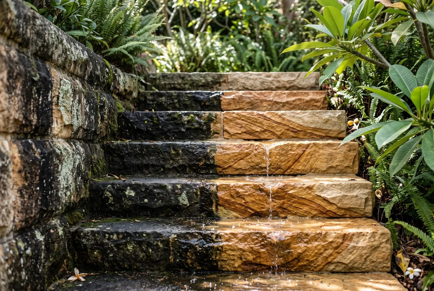 Sandstone steps mid-clean, restored stone beside untreated areas