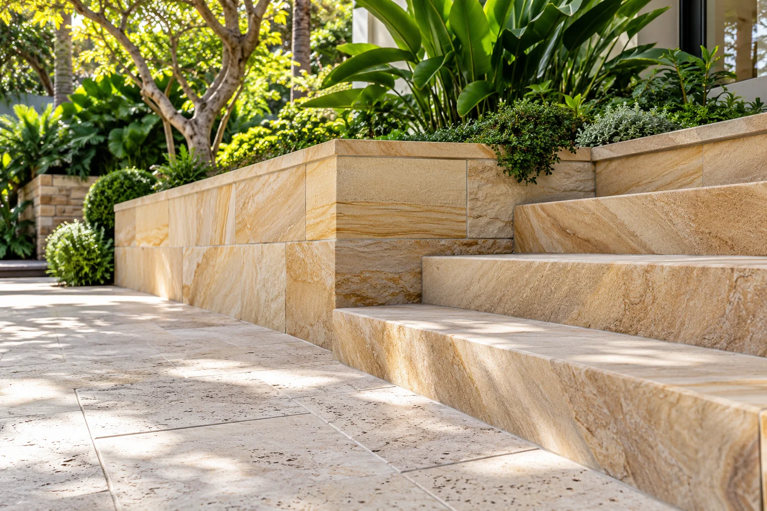 Sandstone steps mid-clean, restored stone beside untreated areas