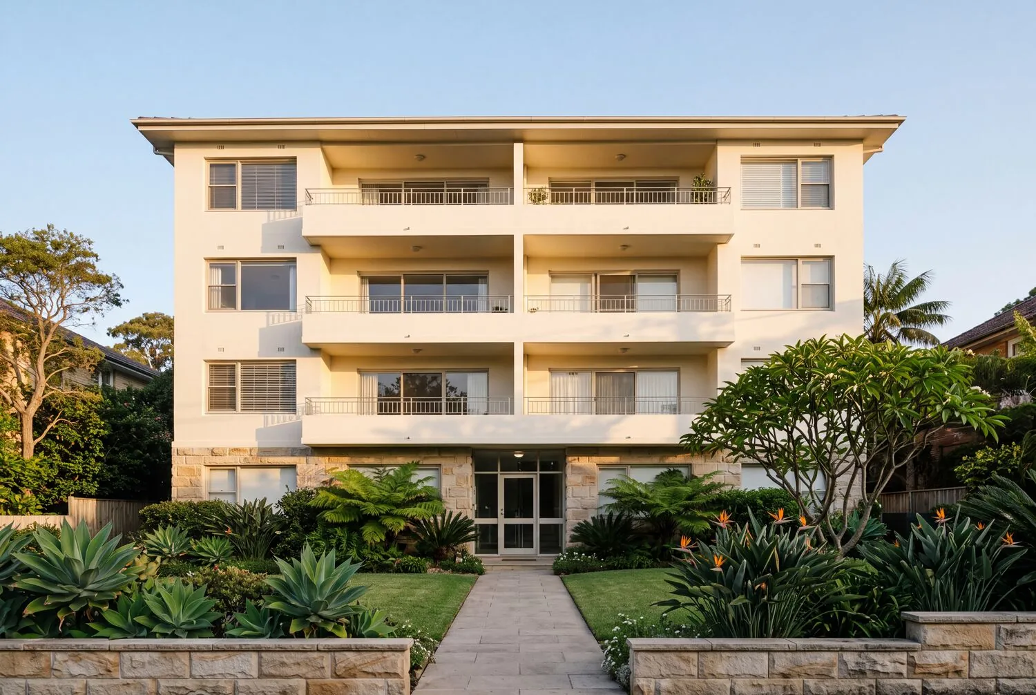 Freshly cleaned apartment building facade in Rose Bay