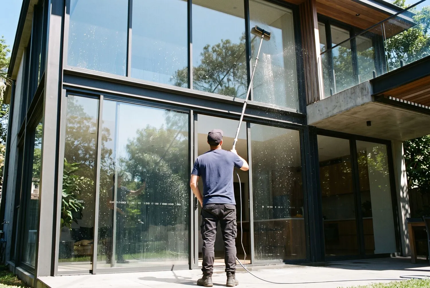 Streak-free floor-to-ceiling windows cleaned with a water-fed pole